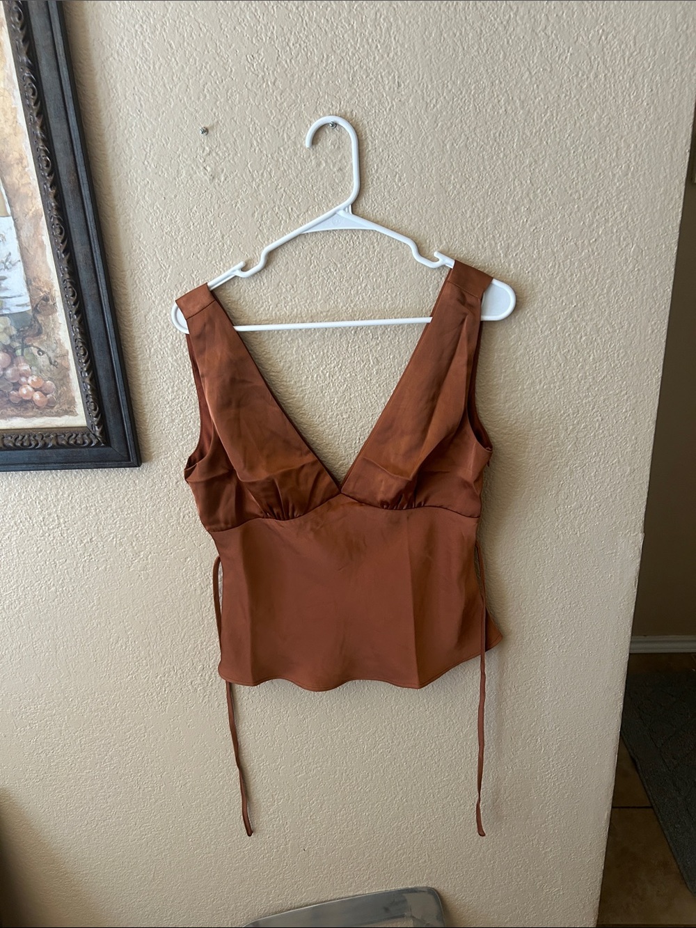 12th Tribe Satin Deep V Tie Side Top Brown Going Out Festival Crop Top Size L